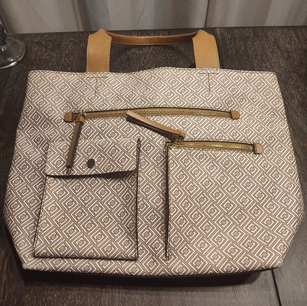 VTG Liz Claiborne Shoulder Bag Geometric Tan With Multiple Pockets